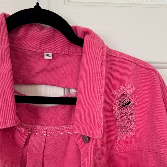 Hot Pink Rhinestone Fringe Cropped Denim Jacket - Picture 3 of 5